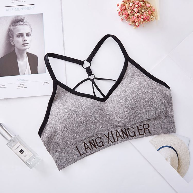 Sexy breathable sport fitness vest brief set letter print removable pad bra women's backless bandage seamless sport bra top