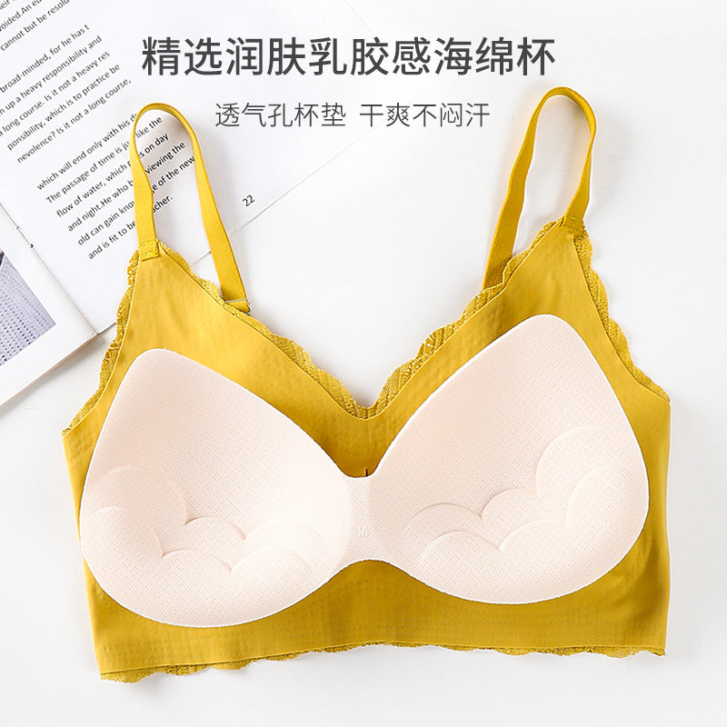 Thailand Latex Sling Lace Bra Without Steel Ring One Piece No Trace Comfortable Small Chest Gathered Underwear Female Bra Summer
