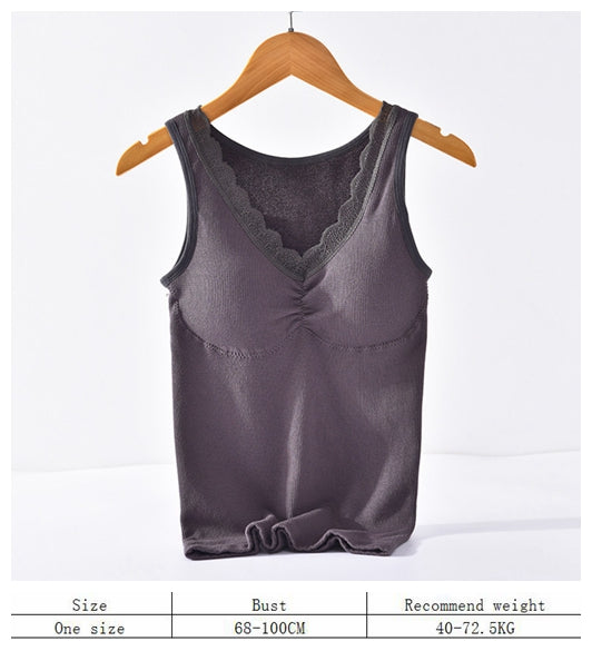 Women's winter autumn cotton terry thermal underwear stretchy slim push up shapewear lace V neck removable pad seamless vest