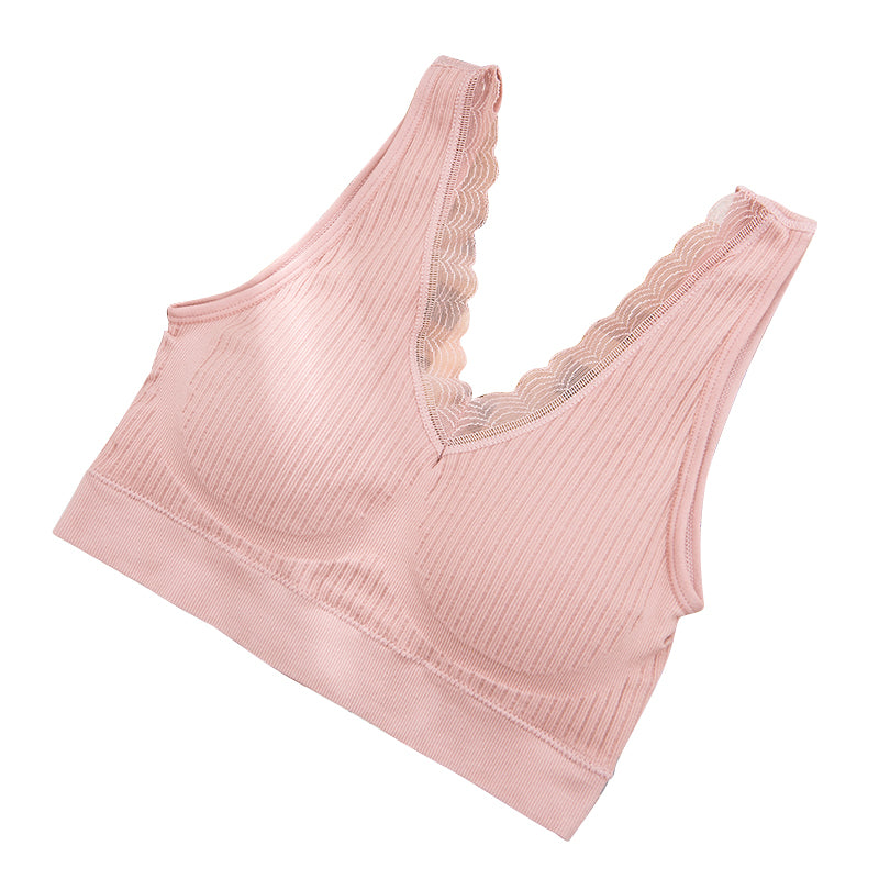 High-quality In-stock Lace Seamless Bra Padded For Women Sexy V-neck Padded Bra Tops Wirefree Ribbed Bralette Underwear