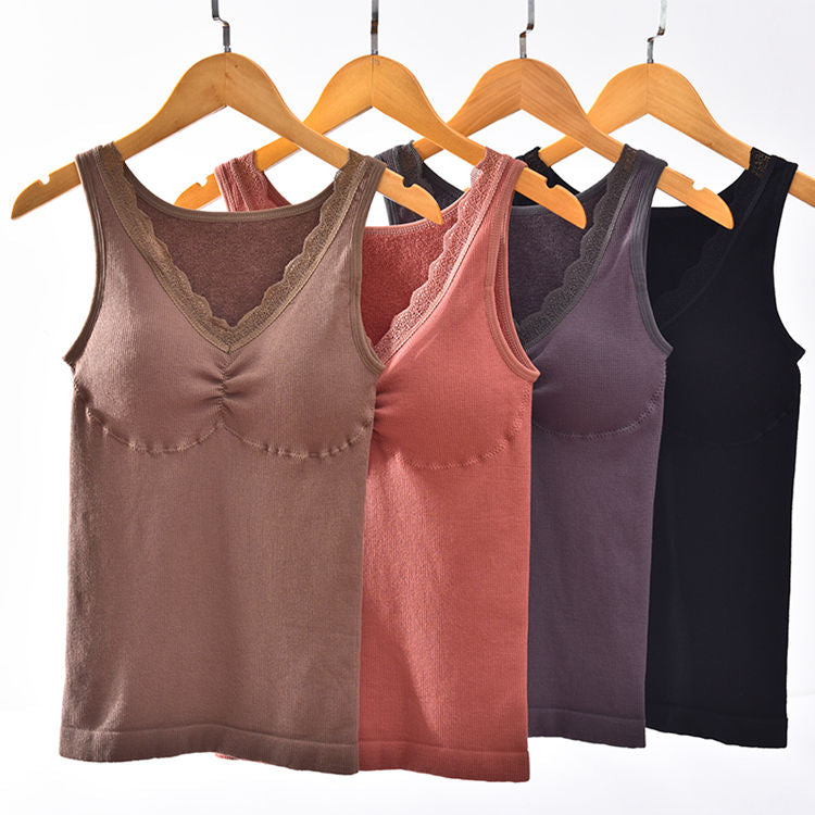 Women's winter autumn cotton terry thermal underwear stretchy slim push up shapewear lace V neck removable pad seamless vest