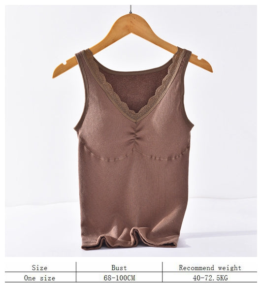 Women's winter autumn cotton terry thermal underwear stretchy slim push up shapewear lace V neck removable pad seamless vest