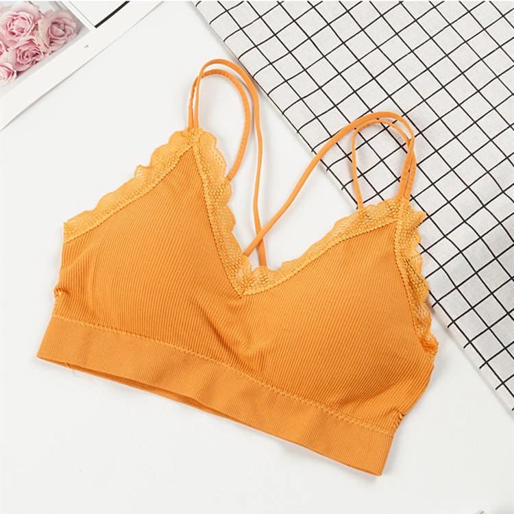 Wholesale seamless elastic double straps bralette girls removable padded camisole sexy v neck lace tube top wireless sports bra