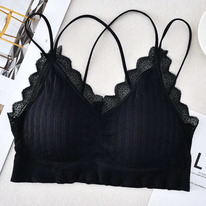 Sexy women double strap lace bralette underwear crisscross bra backless camisole