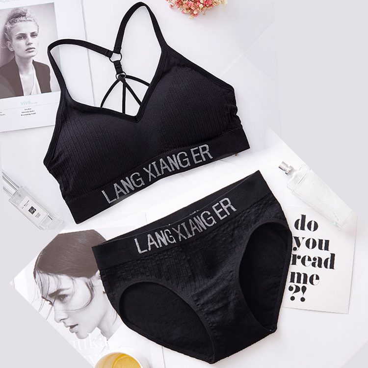 Sexy breathable sport fitness vest brief set letter print removable pad bra women's backless bandage seamless sport bra top