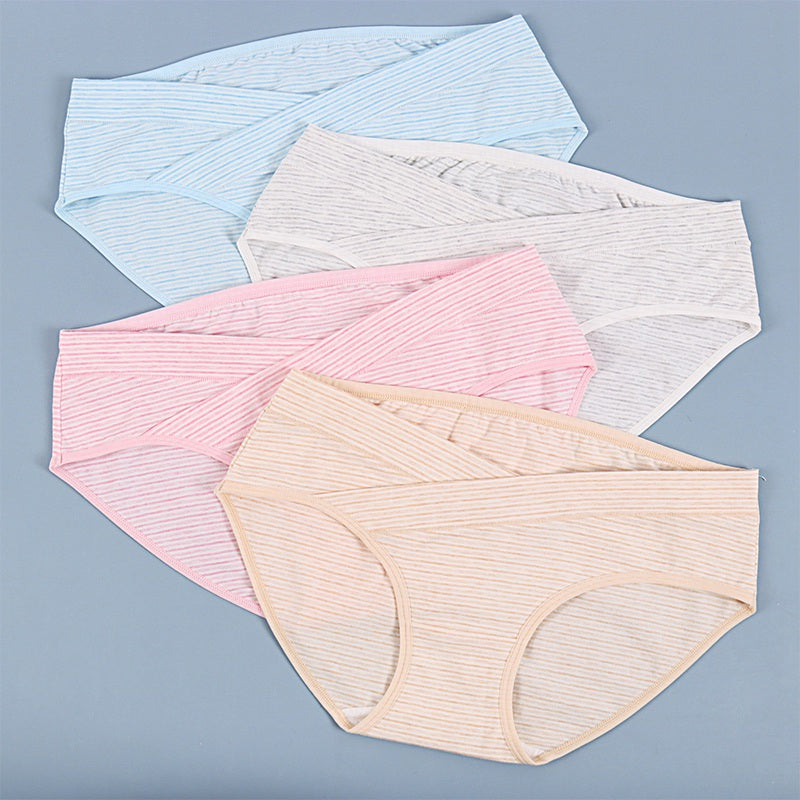 Women Under the Bump Maternity Panties Postpartum Underwear Soft Fabric Bikini Crossover Underpants Striped Pregnancy Panties
