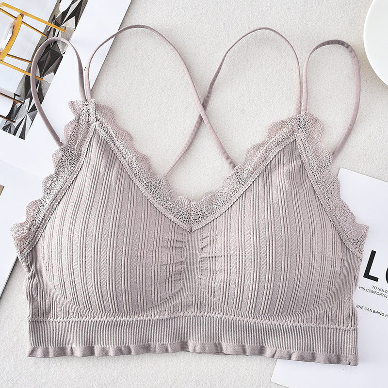 Sexy women double strap lace bralette underwear crisscross bra backless camisole