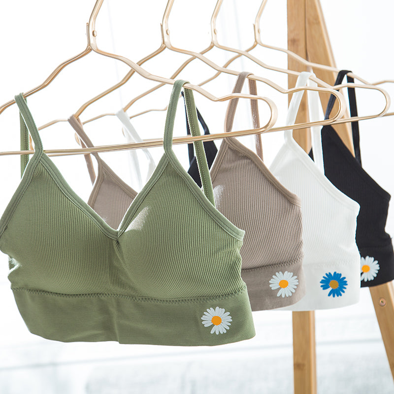 Ladies bralette daisy print camisole bra wire free yoga bra removable padded ribbed bra