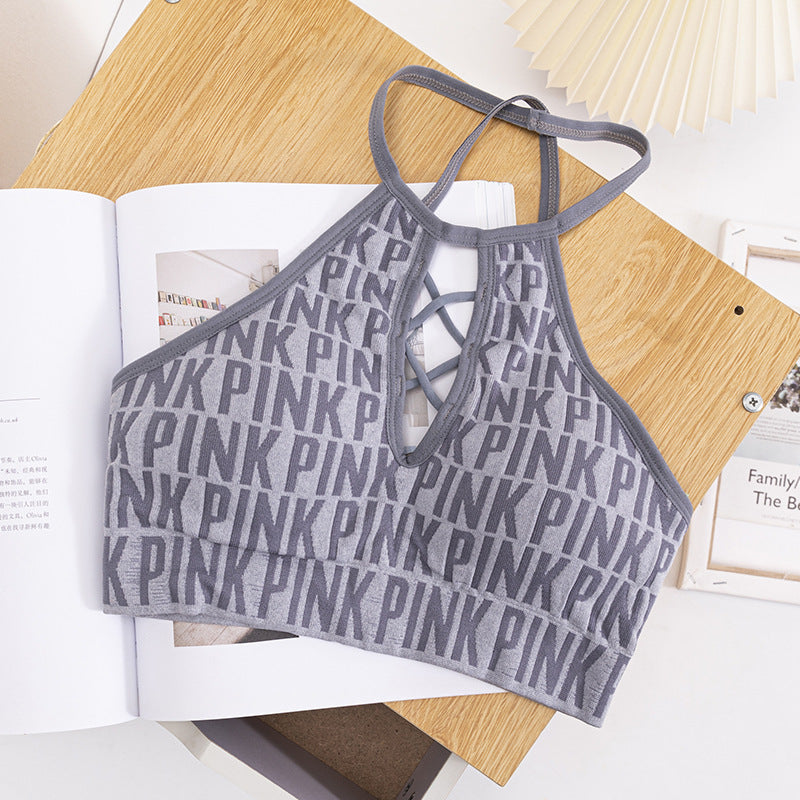 Women Hollow Out Halter Sports Bra Fitness Letter Printed Yoga Bra Backless Removable Pad Sports Bra