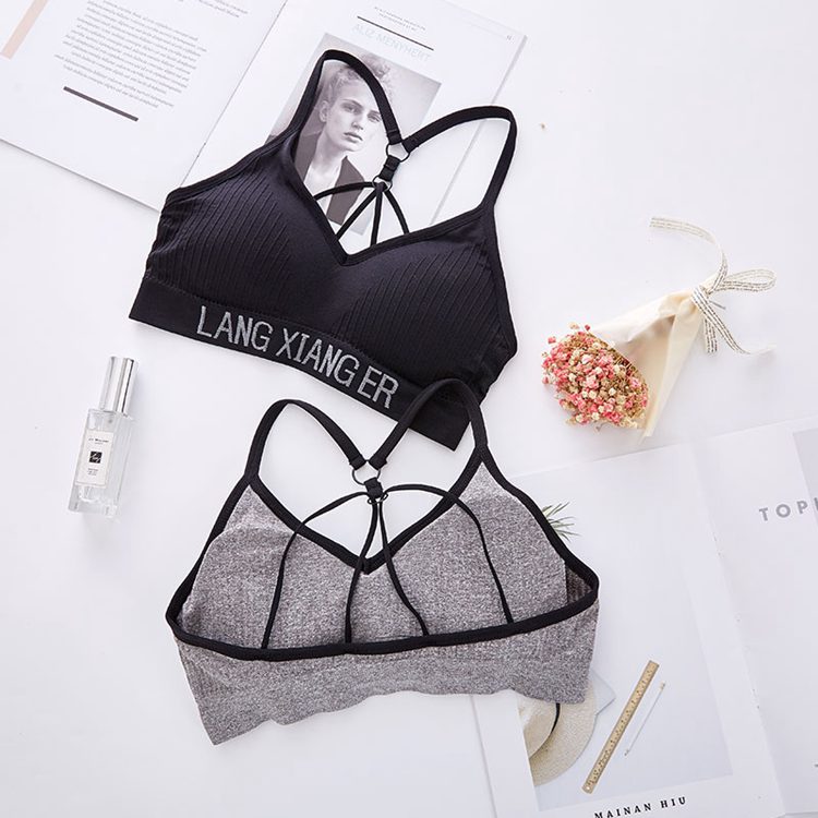 Sexy breathable sport fitness vest brief set letter print removable pad bra women's backless bandage seamless sport bra top