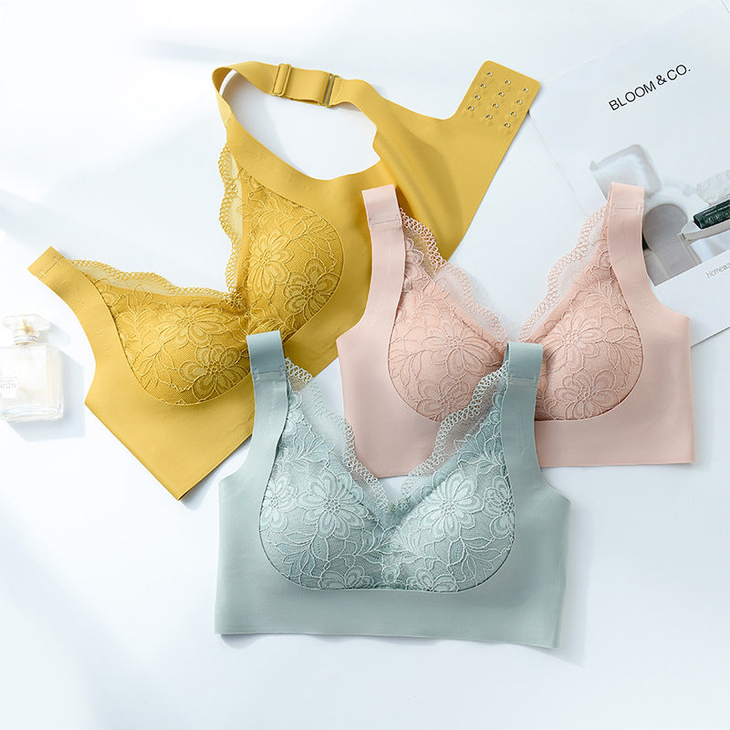 Latex Padded Wire Free Lace Bra Women's Sexy Push Up Bra Laser Cut Adjustable Corrector Bralette Anti-sagging