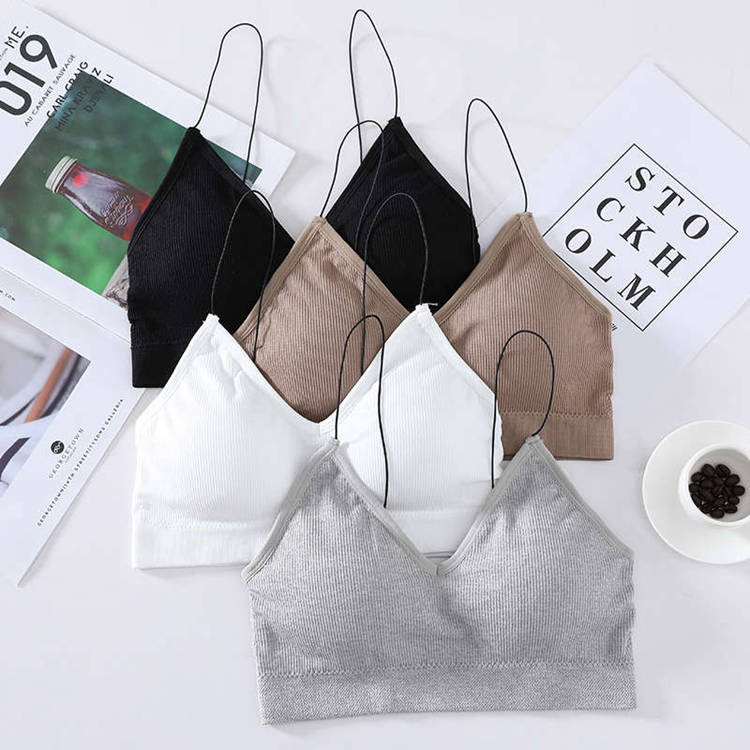 Sexy spaghetti straps wire free sports bra soft breathable young ladies removable pad tube top camisole