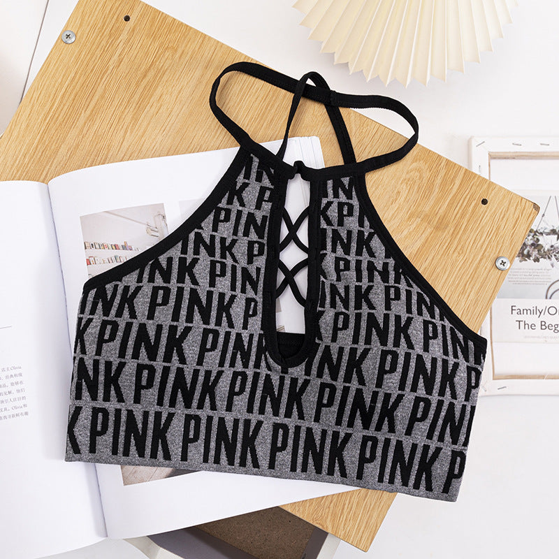 Women Hollow Out Halter Sports Bra Fitness Letter Printed Yoga Bra Backless Removable Pad Sports Bra