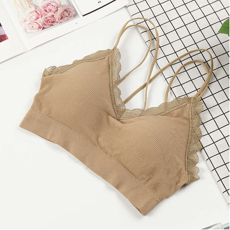 Wholesale seamless elastic double straps bralette girls removable padded camisole sexy v neck lace tube top wireless sports bra