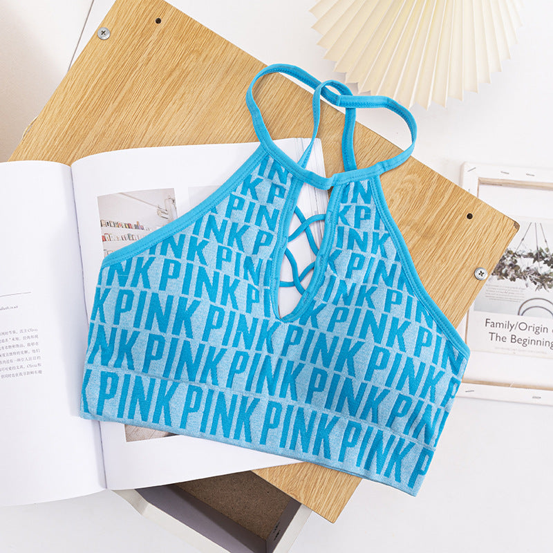 Women Hollow Out Halter Sports Bra Fitness Letter Printed Yoga Bra Backless Removable Pad Sports Bra