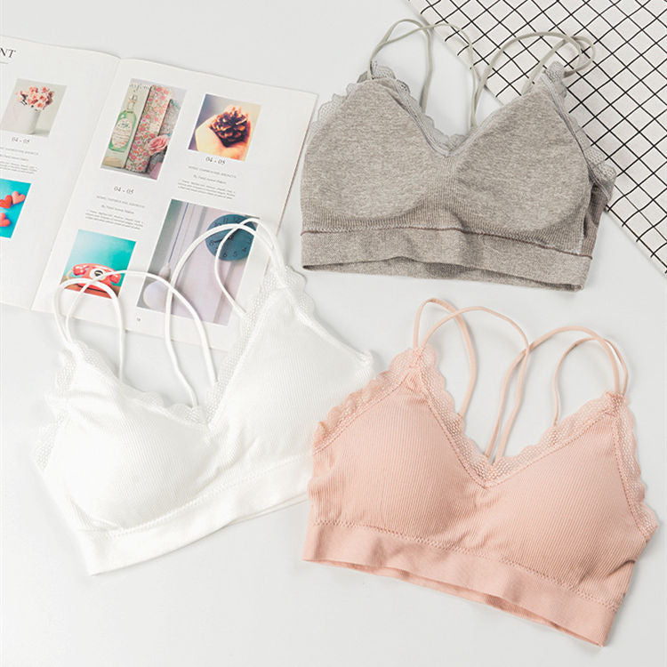 Wholesale seamless elastic double straps bralette girls removable padded camisole sexy v neck lace tube top wireless sports bra