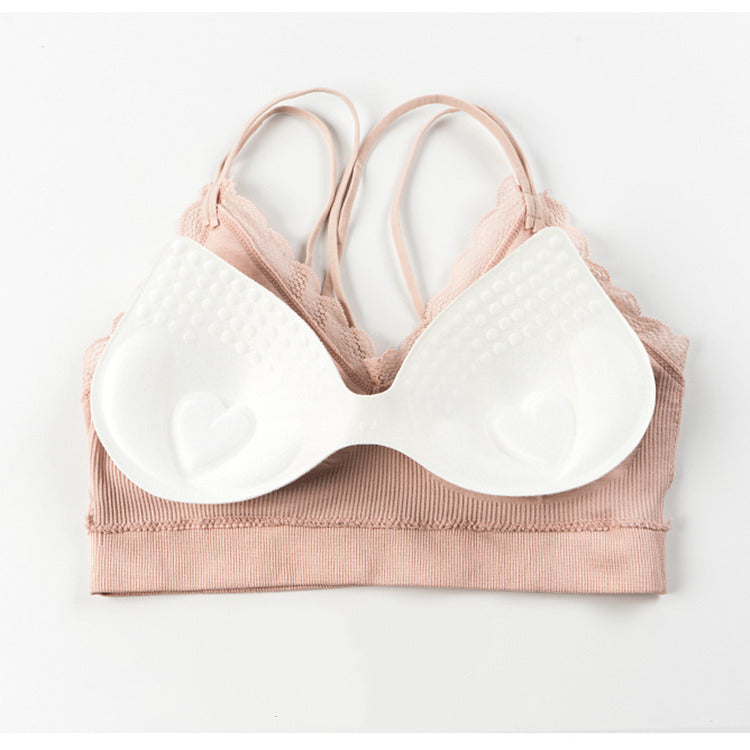 Wholesale seamless elastic double straps bralette girls removable padded camisole sexy v neck lace tube top wireless sports bra