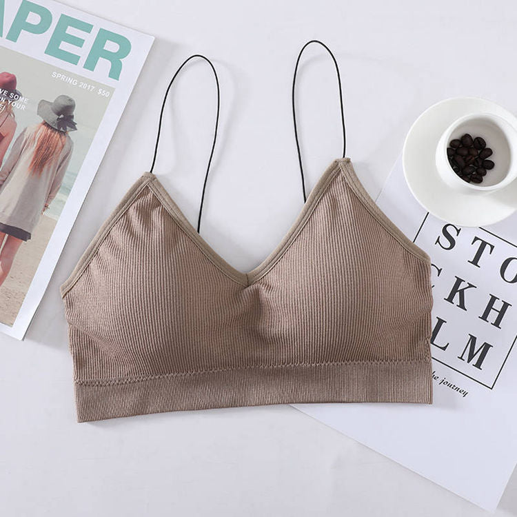 Sexy spaghetti straps wire free sports bra soft breathable young ladies removable pad tube top camisole