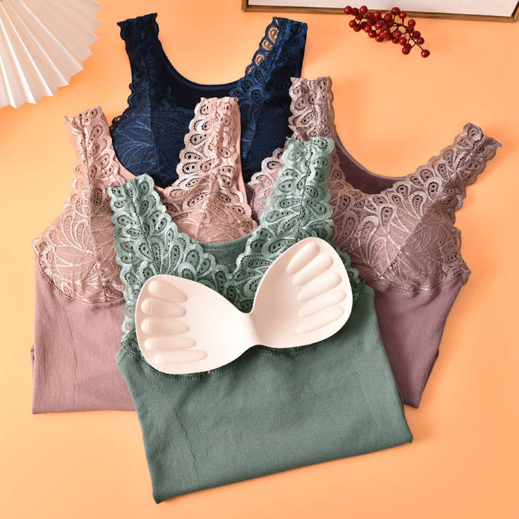 Cotton terry lace slim thermal seamless underwear soft women winter V-neck vest with removable pad
