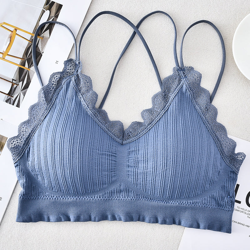 Sexy women double strap lace bralette underwear crisscross bra backless camisole
