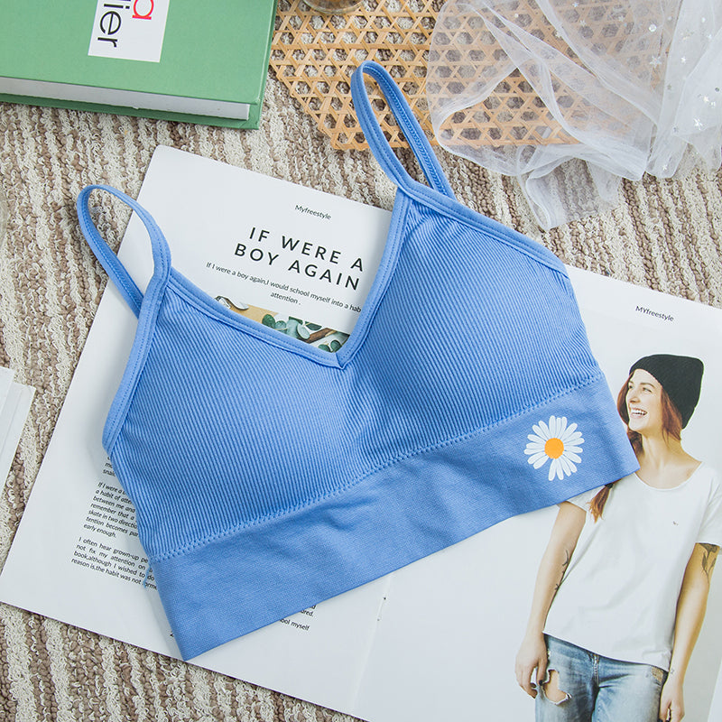 Ladies bralette daisy print camisole bra wire free yoga bra removable padded ribbed bra