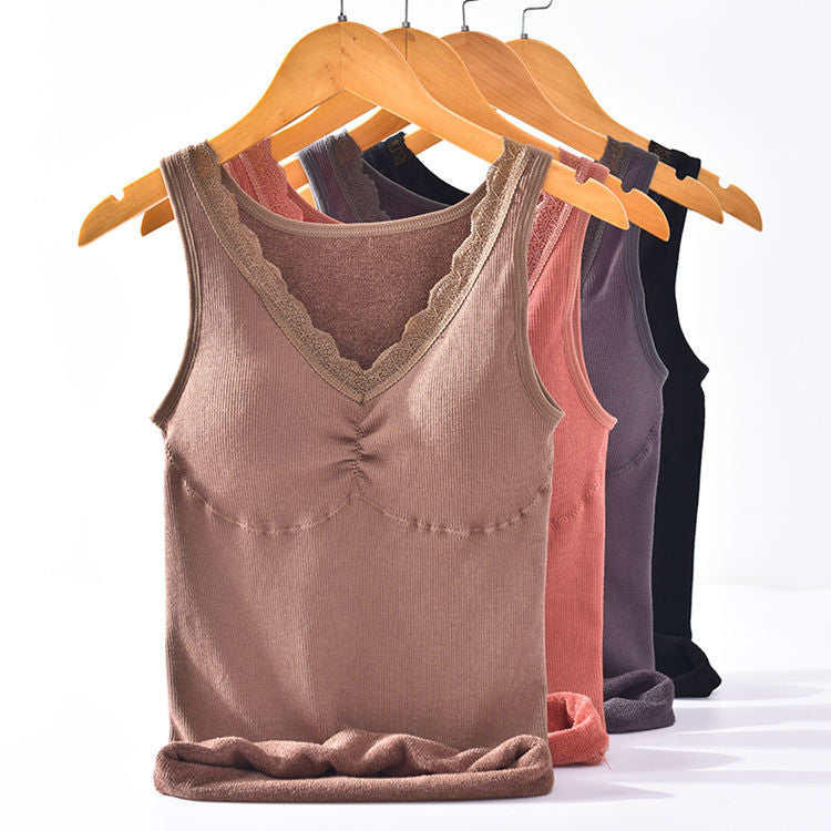 Women's winter autumn cotton terry thermal underwear stretchy slim push up shapewear lace V neck removable pad seamless vest