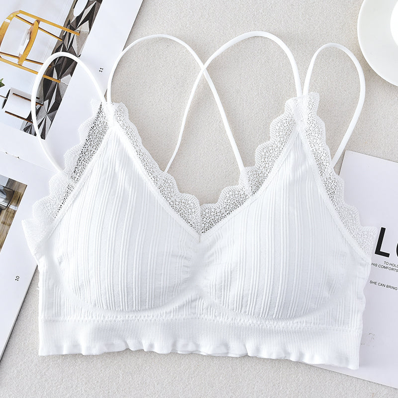 Sexy women double strap lace bralette underwear crisscross bra backless camisole
