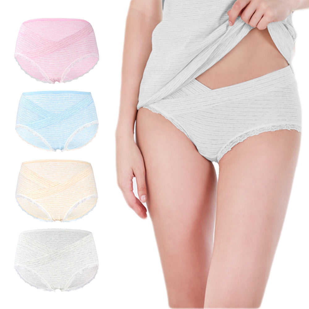 Women Under the Bump Maternity Panties Postpartum Underwear Soft Cotton Lace Briefs Underpants Striped Pregnancy Panties