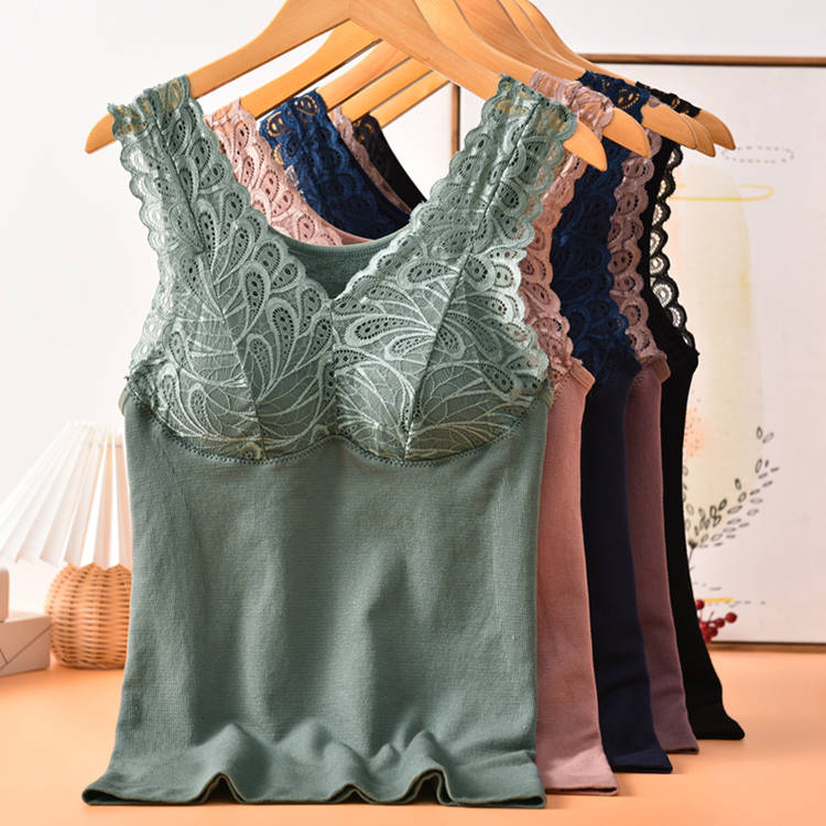 Cotton terry lace slim thermal seamless underwear soft women winter V-neck vest with removable pad