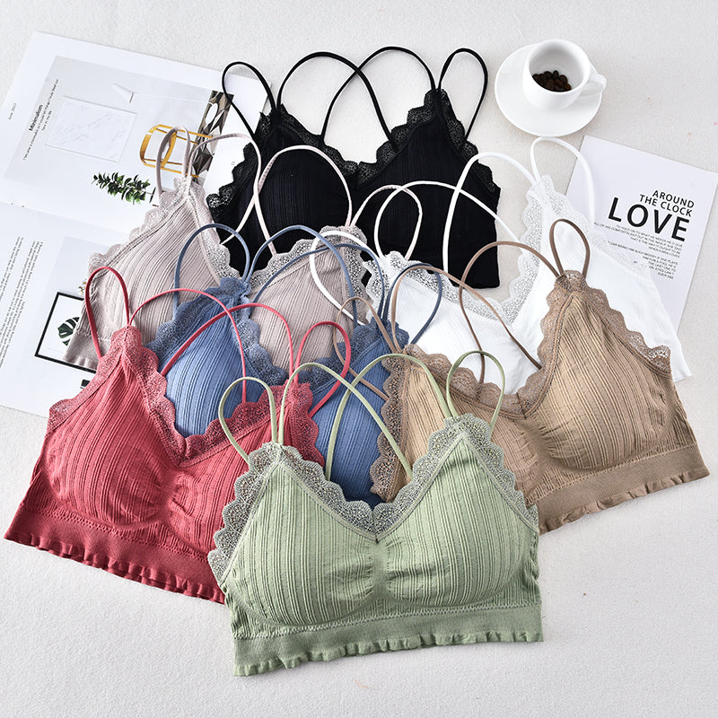 Sexy women double strap lace bralette underwear crisscross bra backless camisole