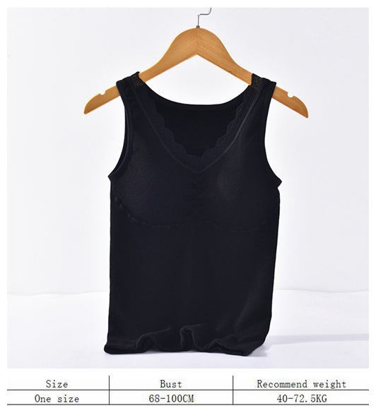 Women's winter autumn cotton terry thermal underwear stretchy slim push up shapewear lace V neck removable pad seamless vest