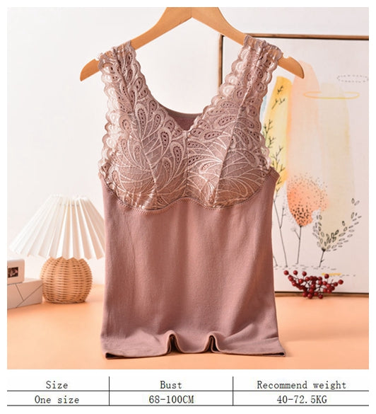 Cotton terry lace slim thermal seamless underwear soft women winter V-neck vest with removable pad