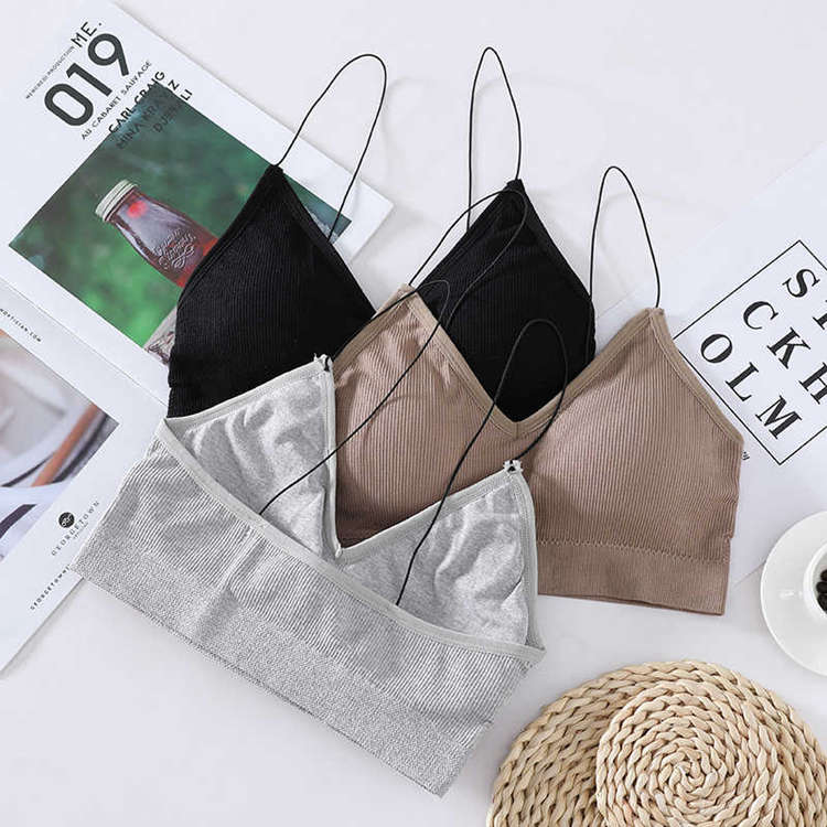 Sexy spaghetti straps wire free sports bra soft breathable young ladies removable pad tube top camisole