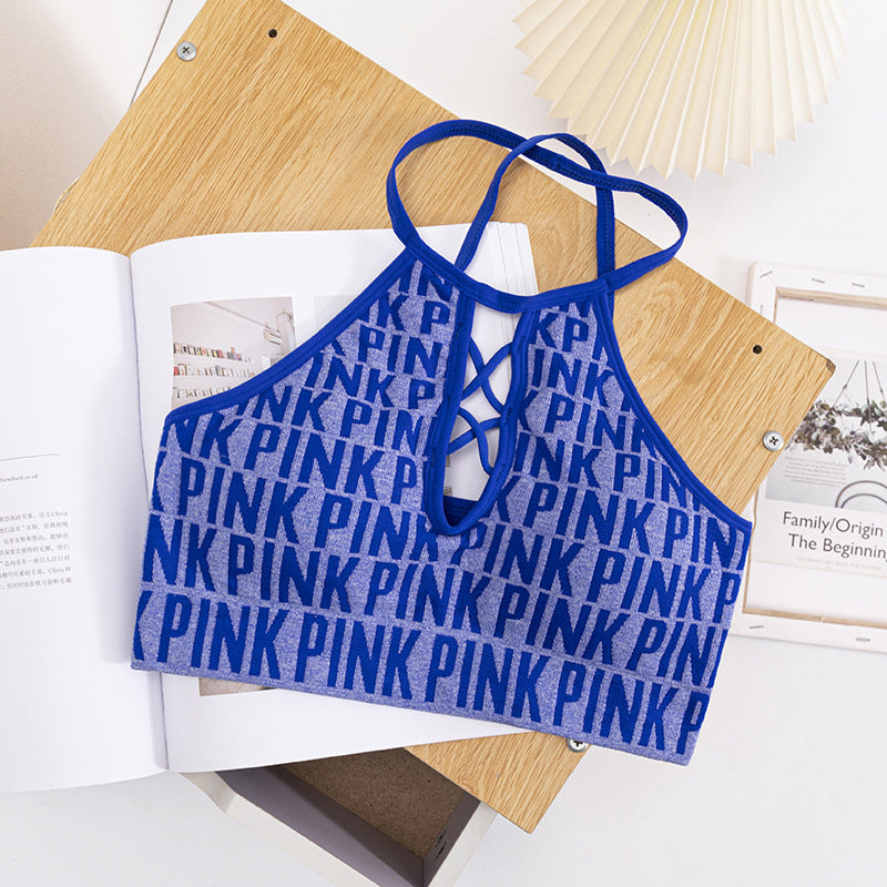 Women Hollow Out Halter Sports Bra Fitness Letter Printed Yoga Bra Backless Removable Pad Sports Bra