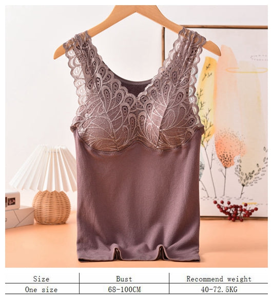 Cotton terry lace slim thermal seamless underwear soft women winter V-neck vest with removable pad
