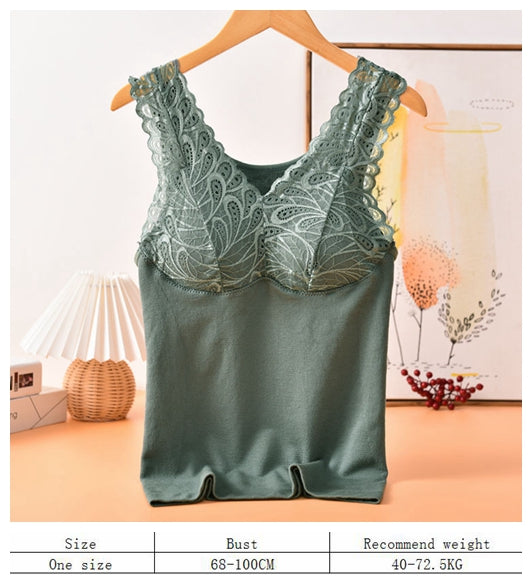 Cotton terry lace slim thermal seamless underwear soft women winter V-neck vest with removable pad
