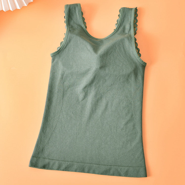 Cotton terry lace slim thermal seamless underwear soft women winter V-neck vest with removable pad