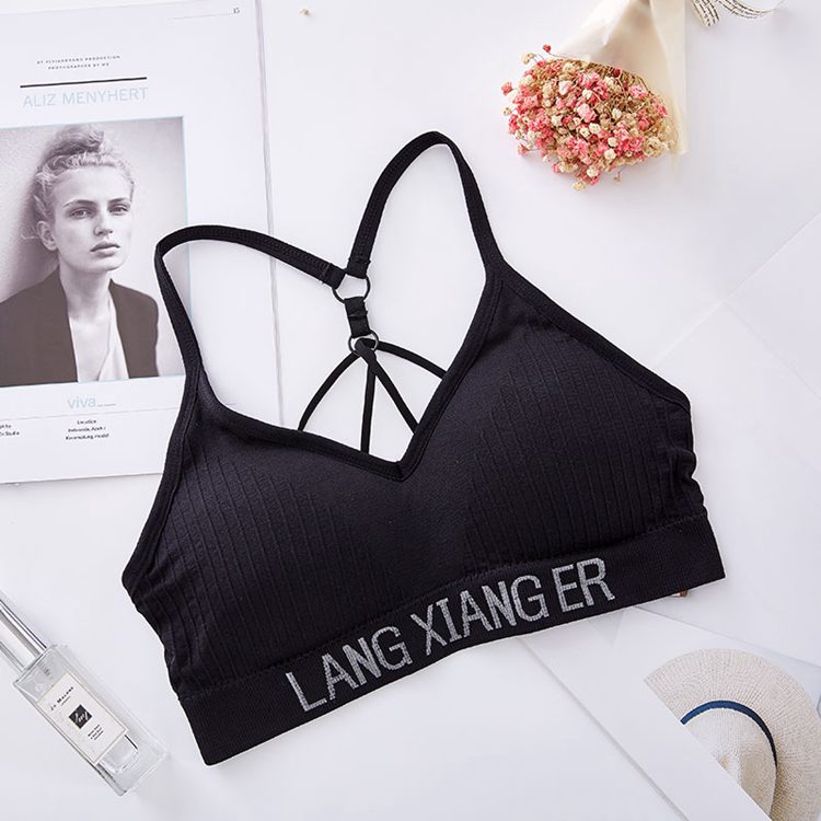Sexy breathable sport fitness vest brief set letter print removable pad bra women's backless bandage seamless sport bra top