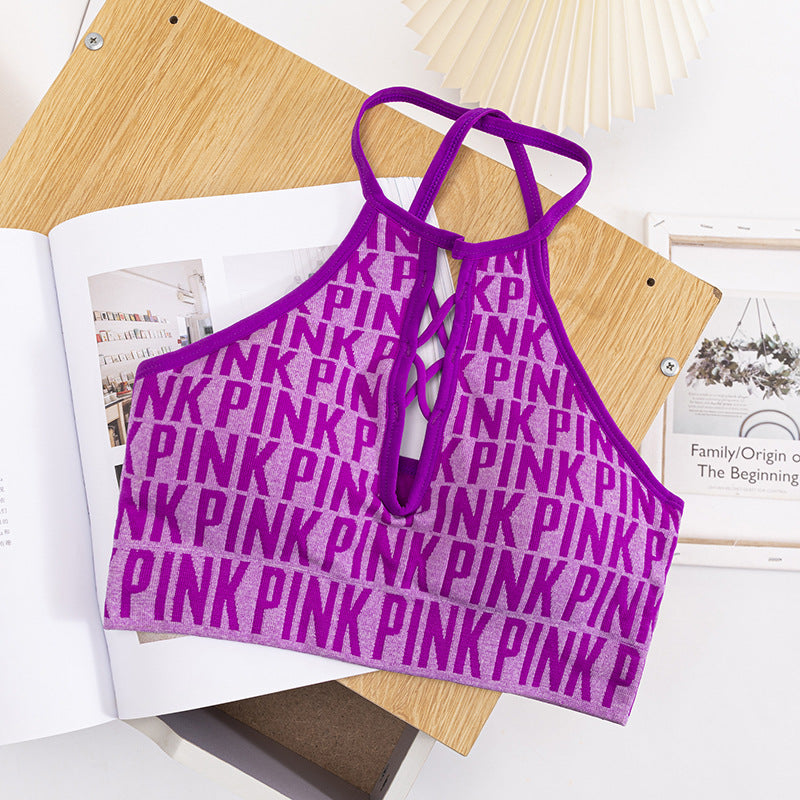 Women Hollow Out Halter Sports Bra Fitness Letter Printed Yoga Bra Backless Removable Pad Sports Bra