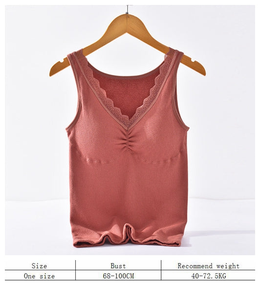 Women's winter autumn cotton terry thermal underwear stretchy slim push up shapewear lace V neck removable pad seamless vest