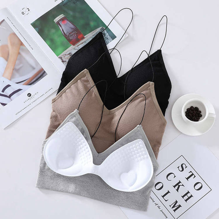 Sexy spaghetti straps wire free sports bra soft breathable young ladies removable pad tube top camisole