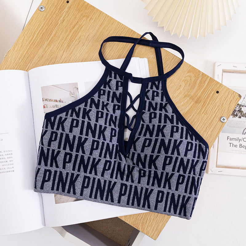 Women Hollow Out Halter Sports Bra Fitness Letter Printed Yoga Bra Backless Removable Pad Sports Bra