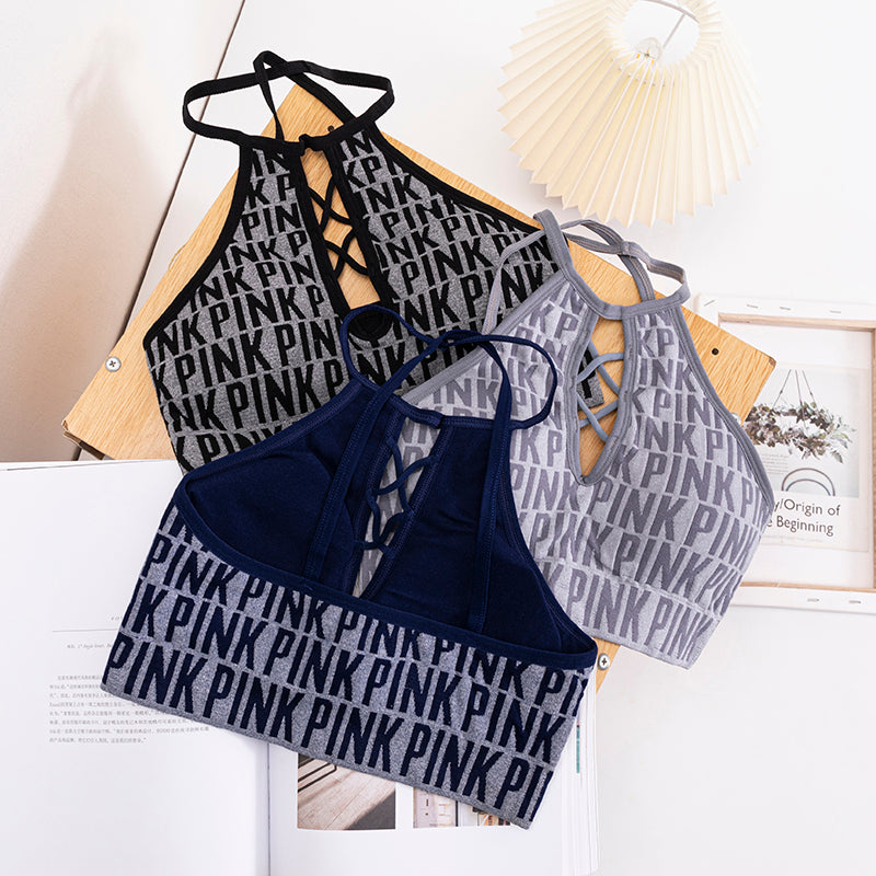 Women Hollow Out Halter Sports Bra Fitness Letter Printed Yoga Bra Backless Removable Pad Sports Bra