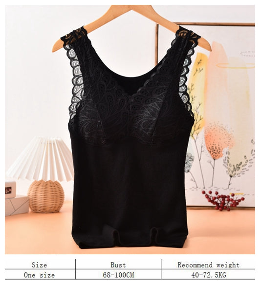 Cotton terry lace slim thermal seamless underwear soft women winter V-neck vest with removable pad