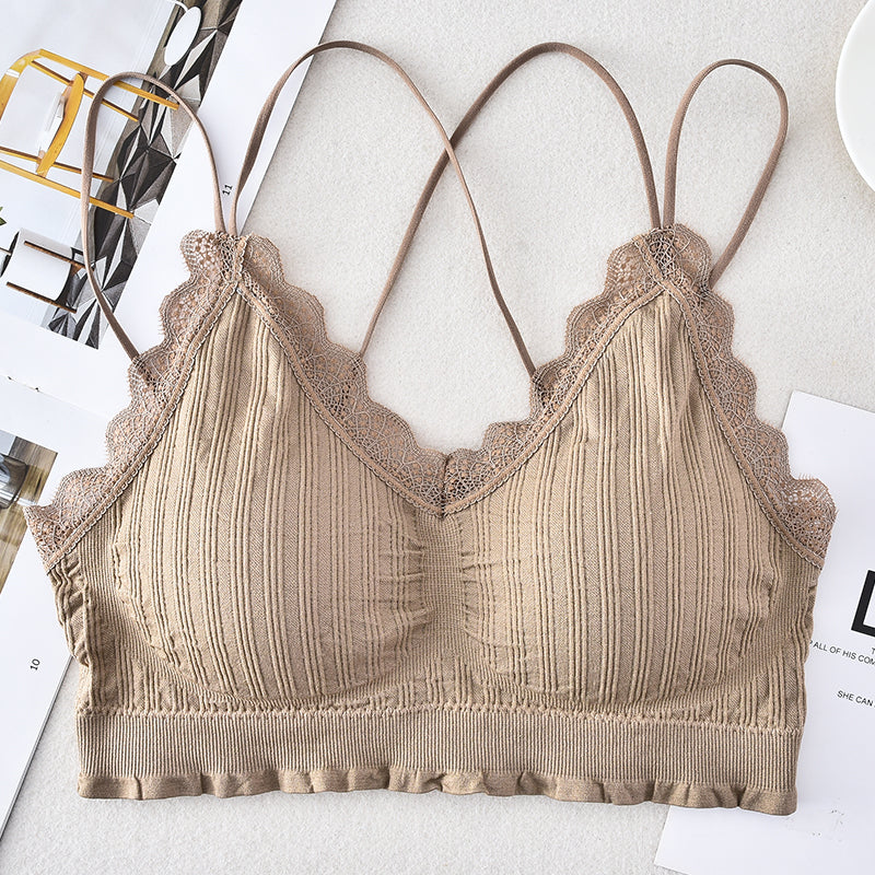 Sexy women double strap lace bralette underwear crisscross bra backless camisole