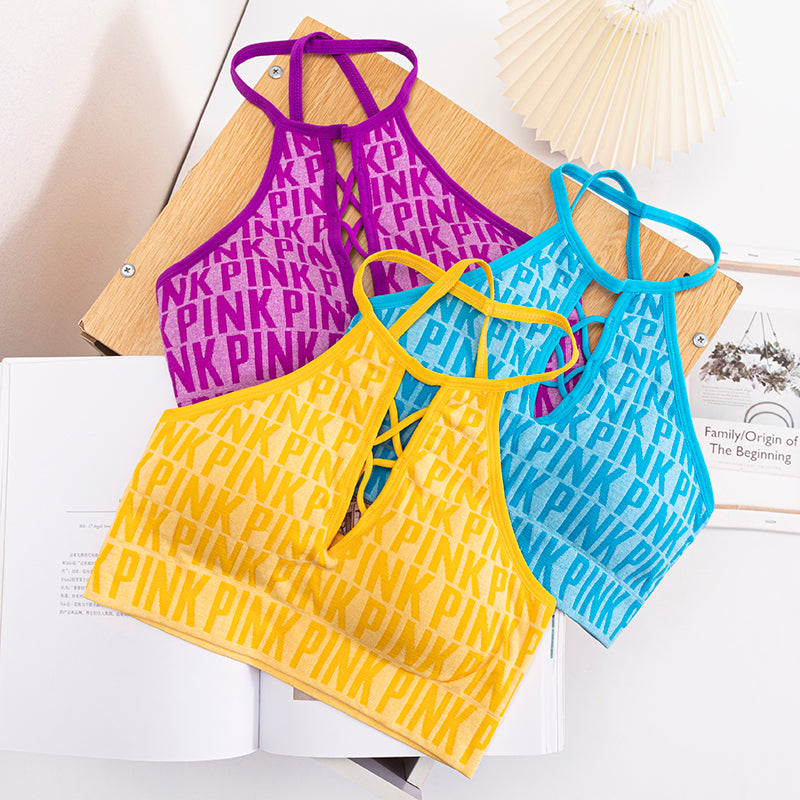 Women Hollow Out Halter Sports Bra Fitness Letter Printed Yoga Bra Backless Removable Pad Sports Bra