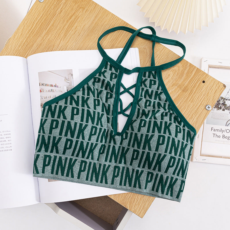 Women Hollow Out Halter Sports Bra Fitness Letter Printed Yoga Bra Backless Removable Pad Sports Bra