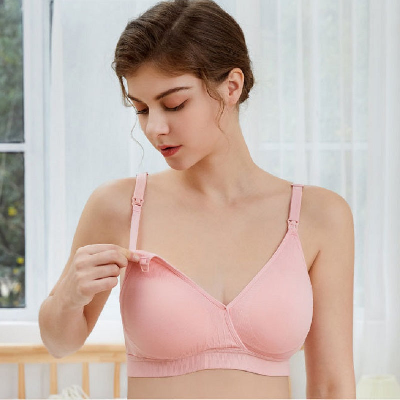 Maternity Nursing Bra Breastfeeding Bra Seamless V Neck Criss-Cross High Elastic Wireless Maternity Feeding Bra