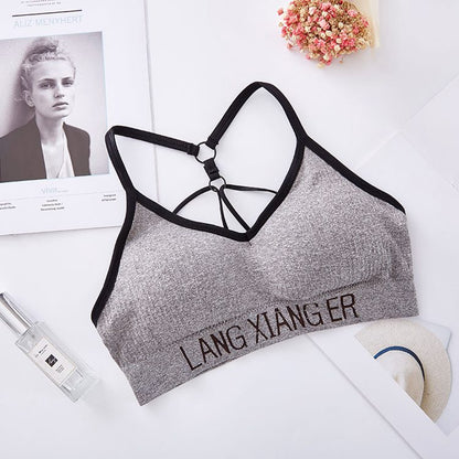 Sexy breathable sport fitness vest brief set letter print removable pad bra women's backless bandage seamless sport bra top