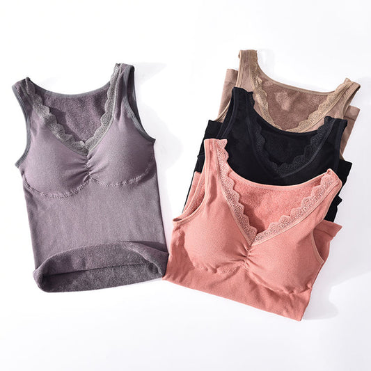 Women's winter autumn cotton terry thermal underwear stretchy slim push up shapewear lace V neck removable pad seamless vest